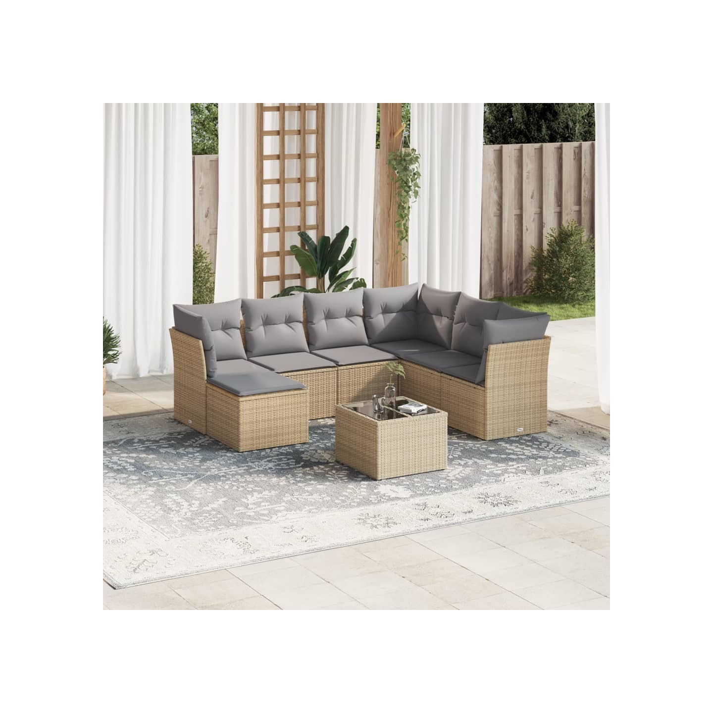 Salon de jardin avec coussins 8 pcs beige résine tressée