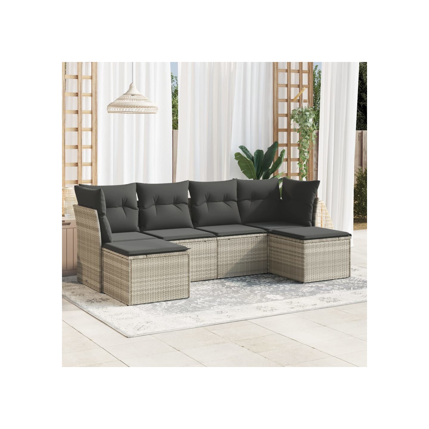 Salon de jardin 6 pcs avec coussins gris clair résine tressée