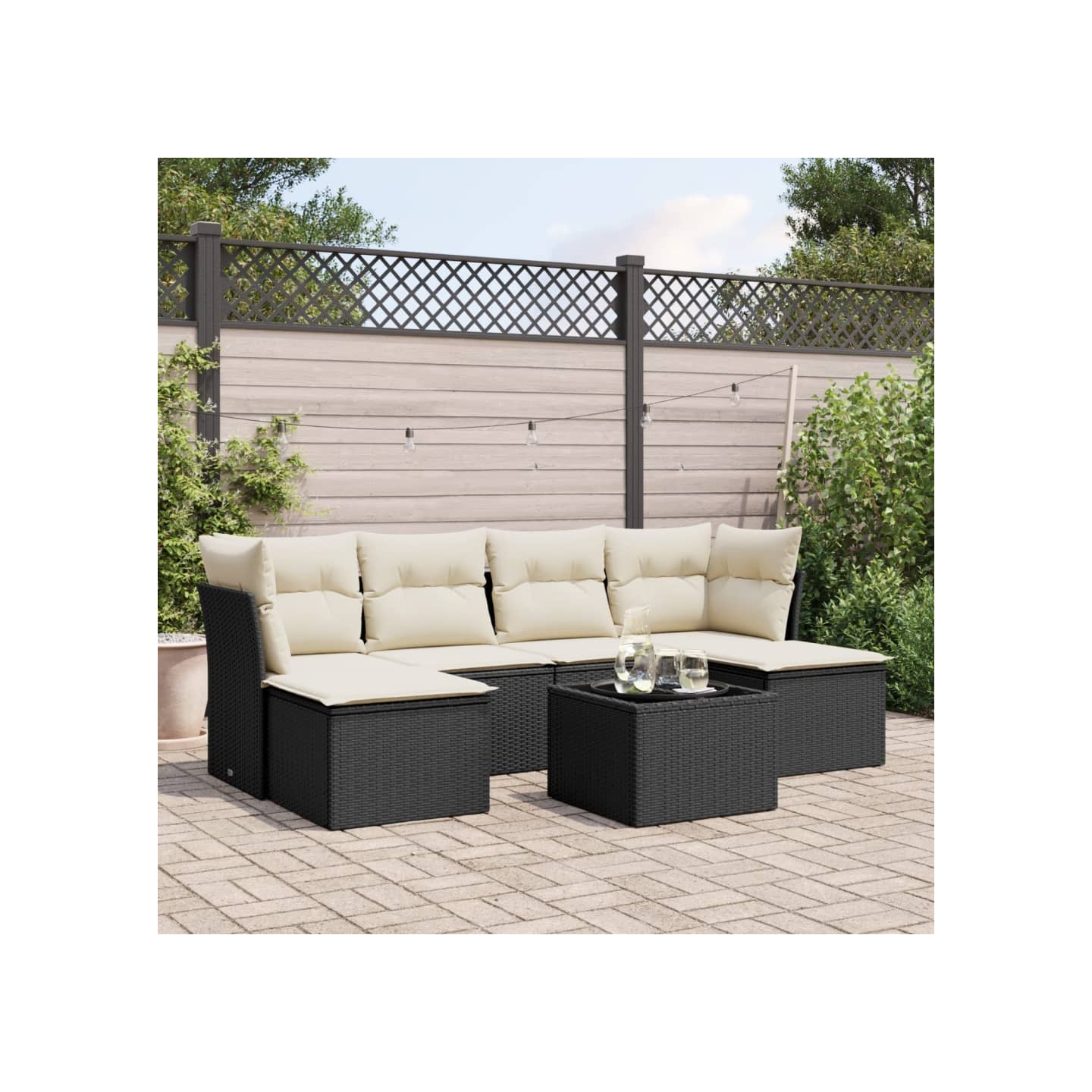 Salon de jardin 7 pcs avec coussins noir résine tressée