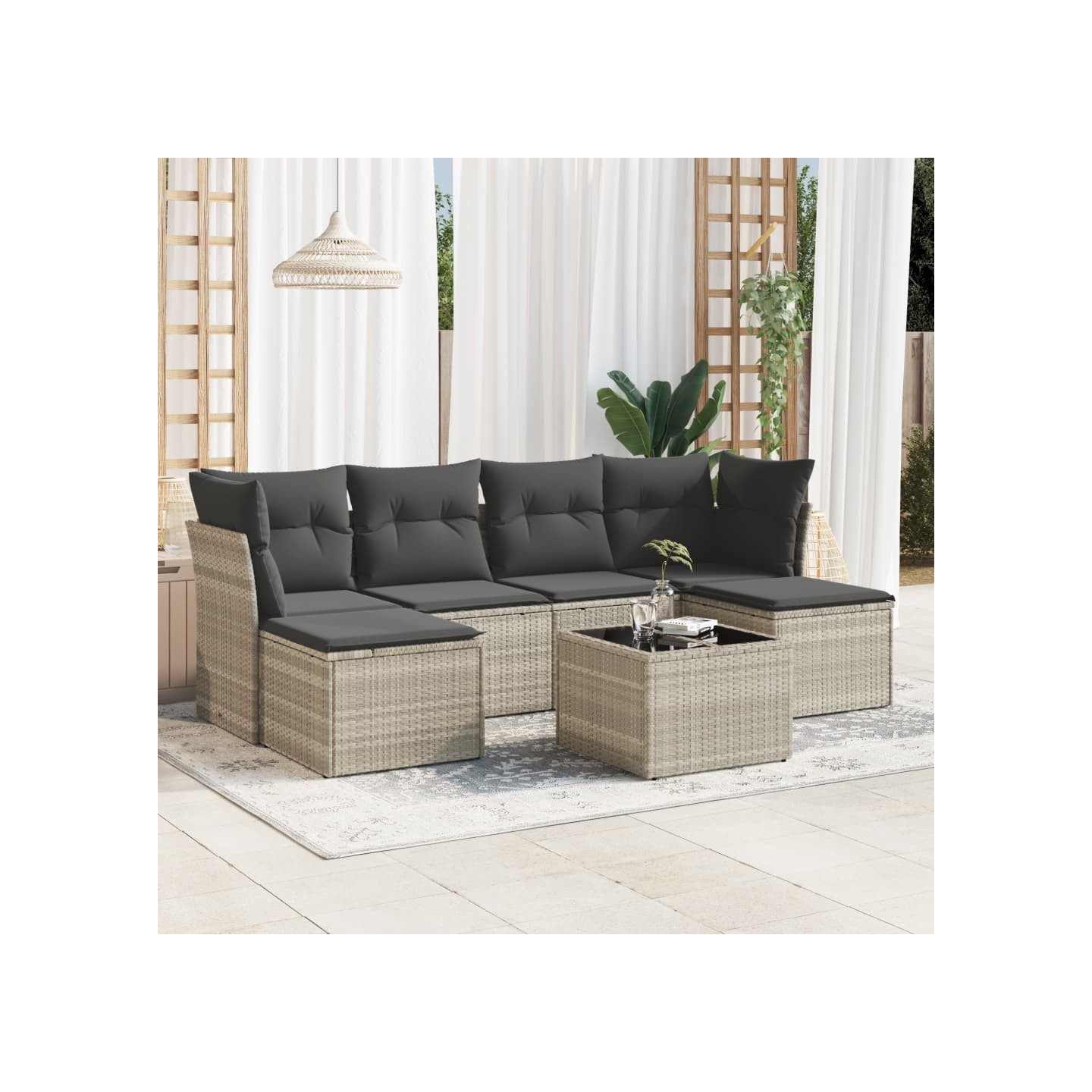 Salon de jardin avec coussins 7 pcs gris clair résine tressée