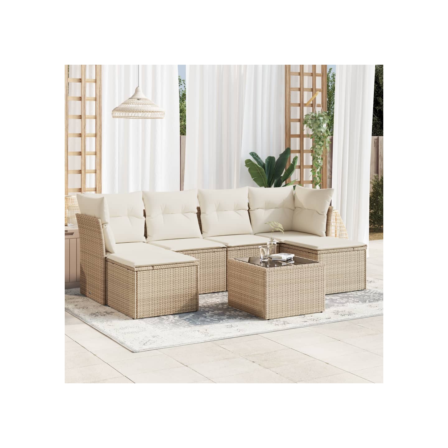 Salon de jardin avec coussins 7 pcs beige résine tressée