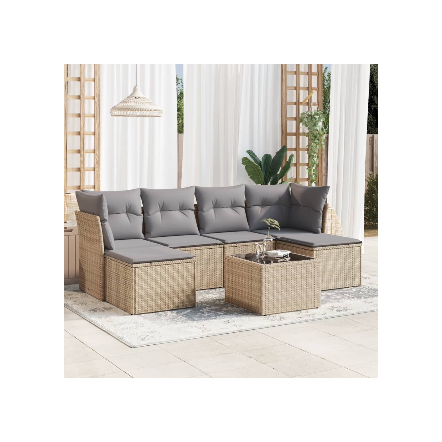 Salon de jardin avec coussins 7 pcs beige résine tressée