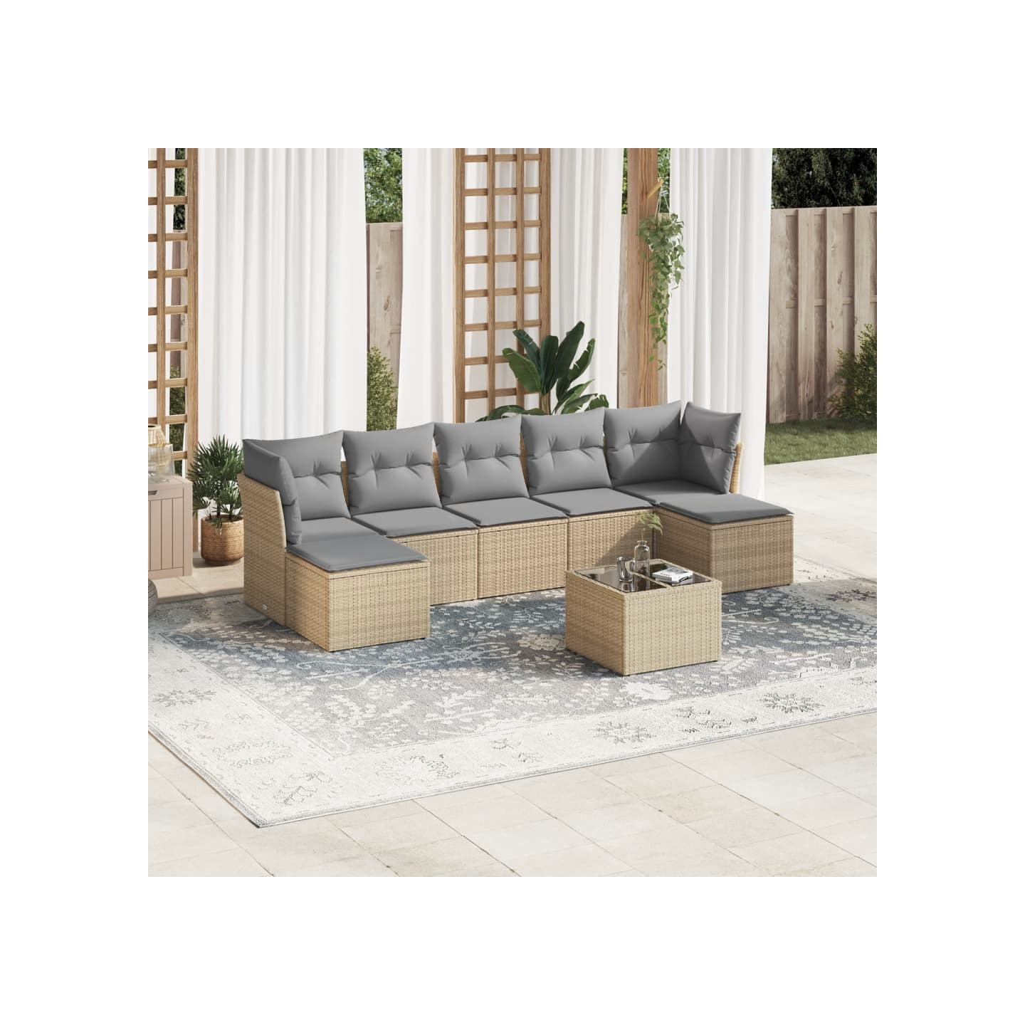 Salon de jardin avec coussins 8 pcs beige résine tressée
