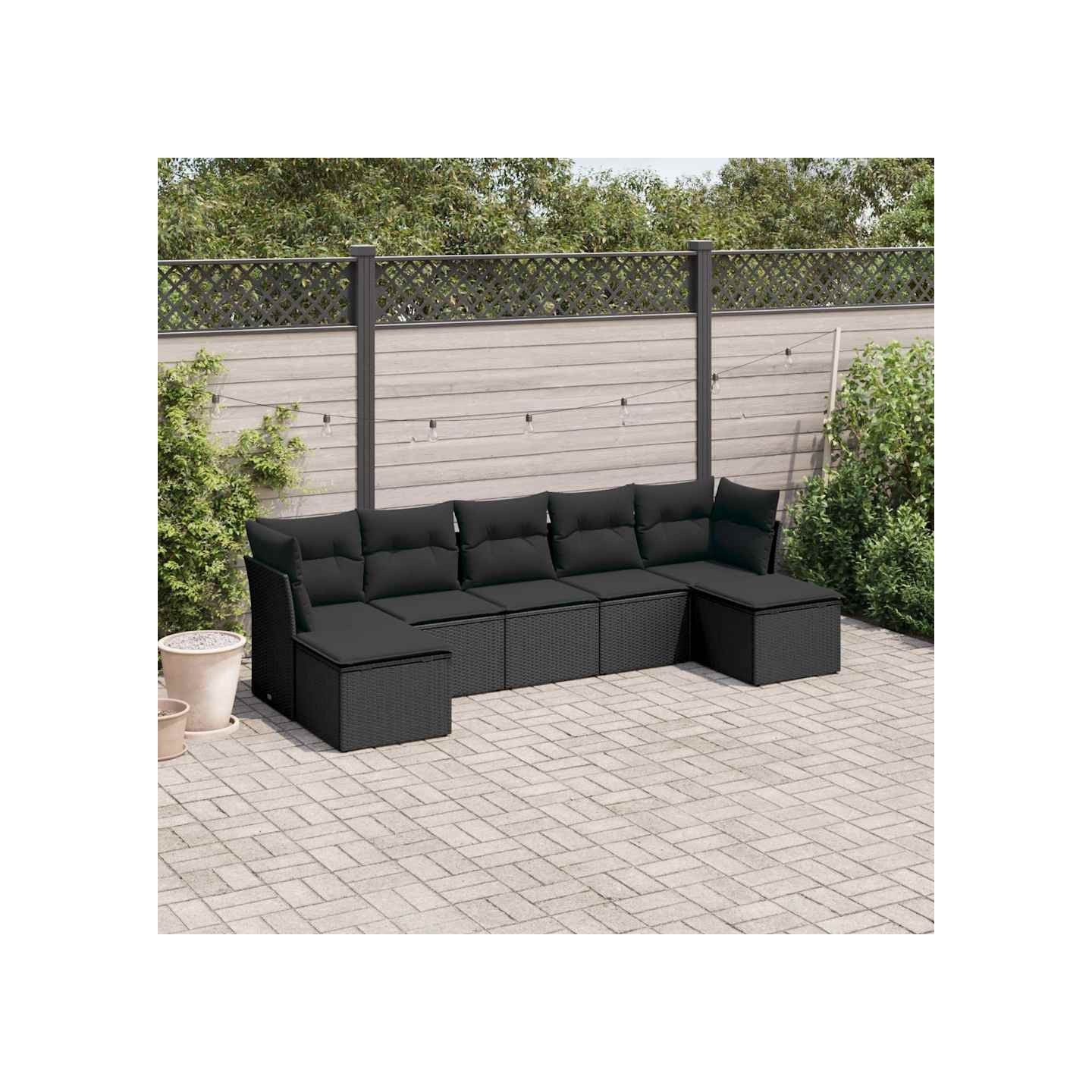 Salon de jardin 7 pcs avec coussins noir résine tressée