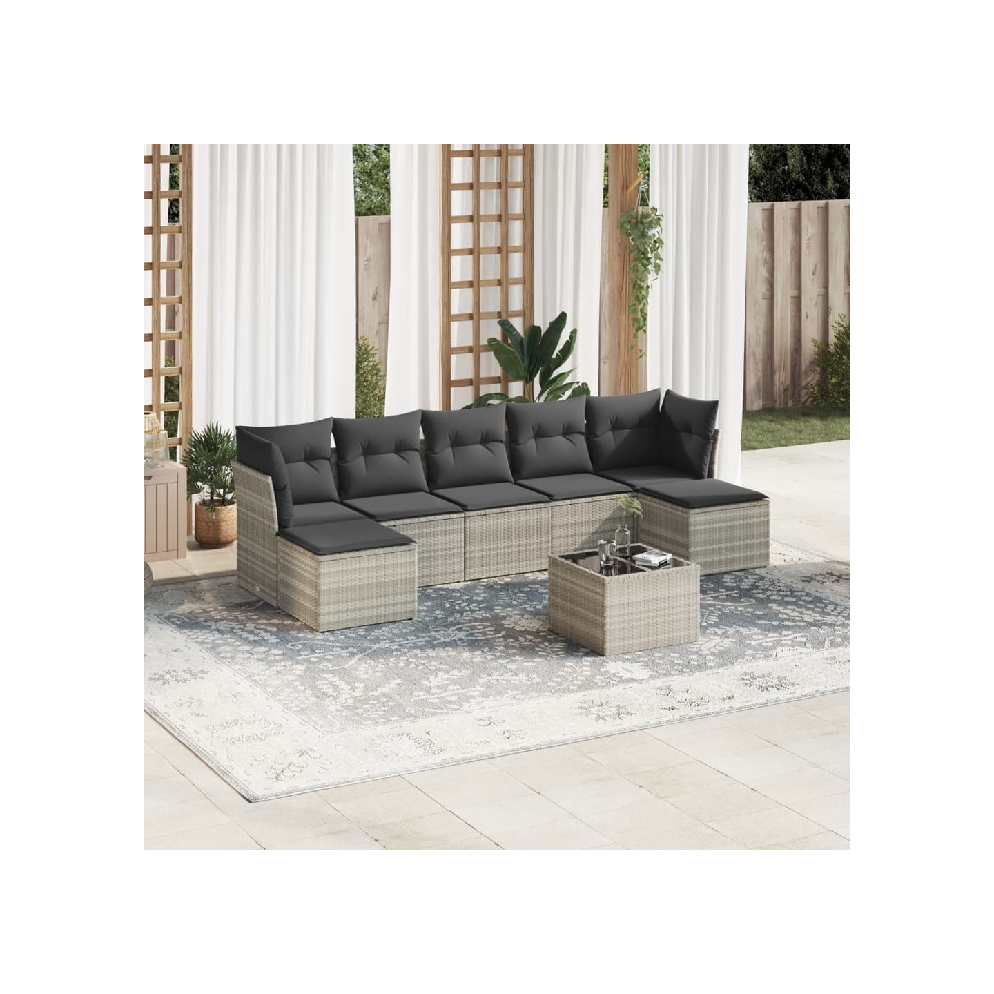 Salon de jardin 8 pcs avec coussins gris clair résine tressée