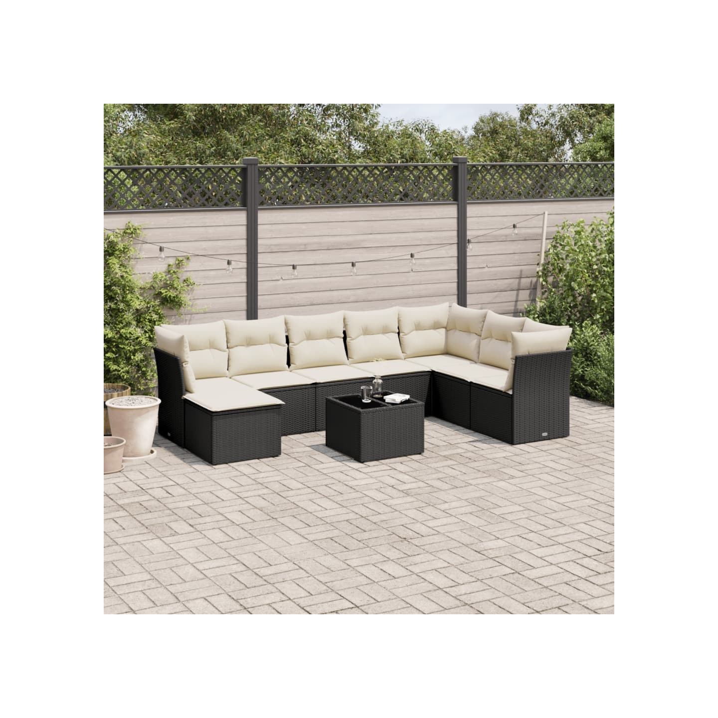Salon de jardin 9 pcs avec coussins noir résine tressée