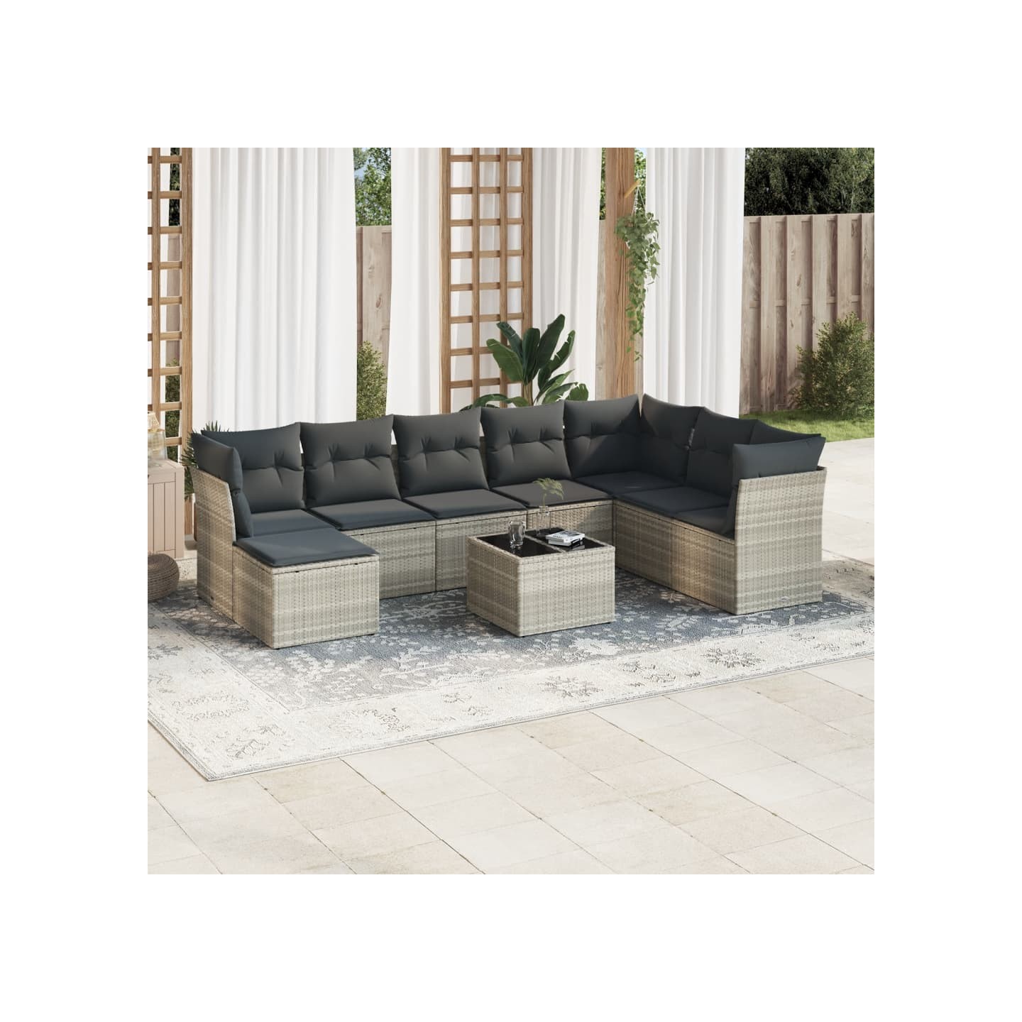 Salon de jardin 9 pcs avec coussins gris clair résine tressée