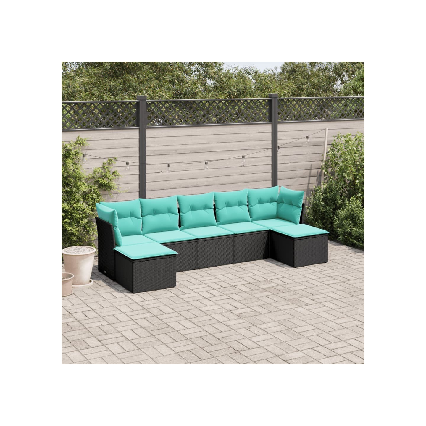 Salon de jardin 7 pcs avec coussins noir résine tressée