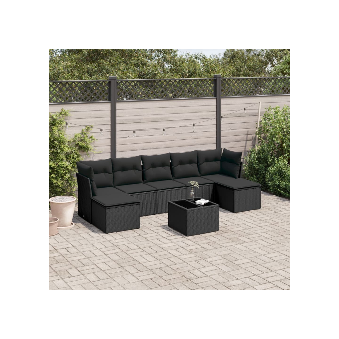 Salon de jardin 8 pcs avec coussins noir résine tressée