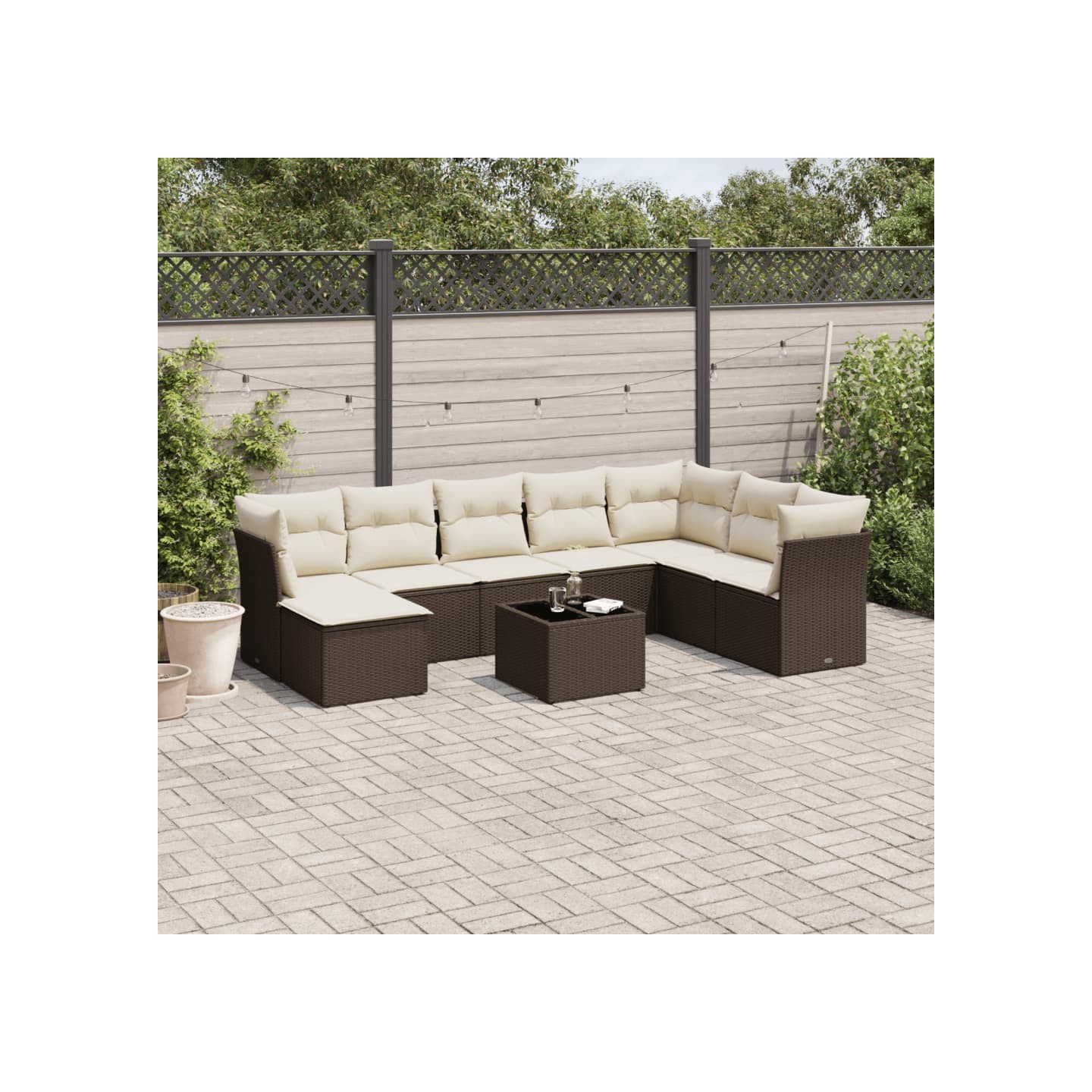 Salon de jardin avec coussins 9 pcs marron résine tressée