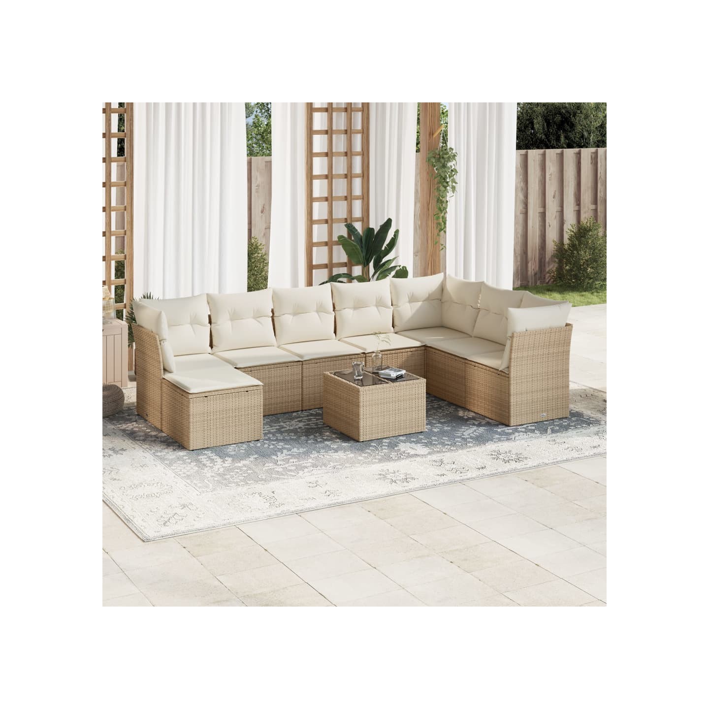 Salon de jardin avec coussins 9 pcs beige résine tressée