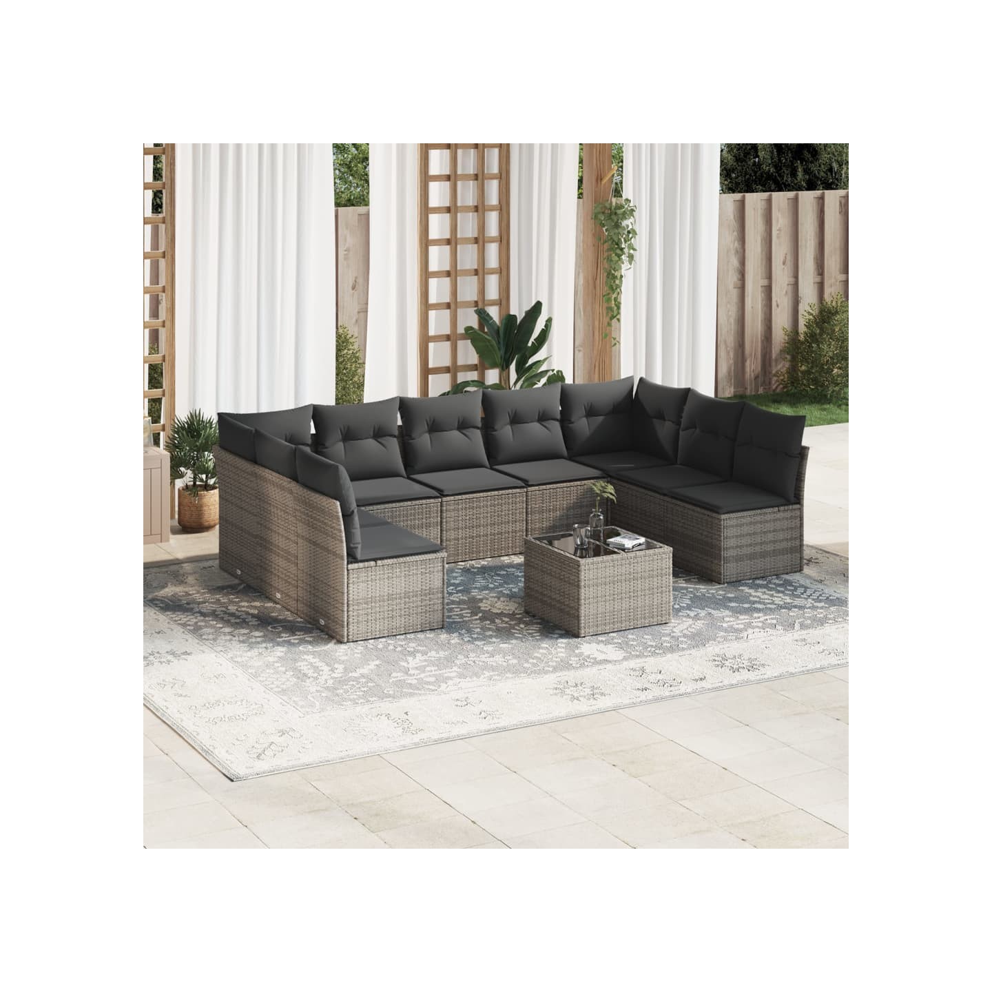 Salon de jardin avec coussins 10 pcs gris résine tressée