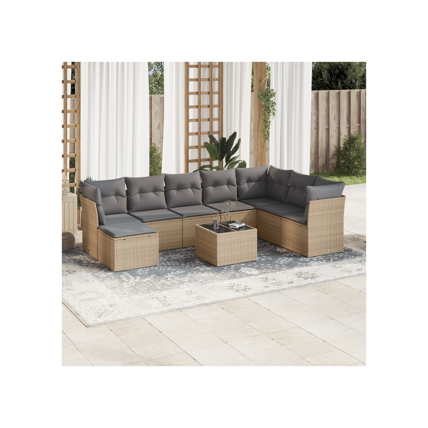 Salon de jardin avec coussins 9 pcs beige résine tressée