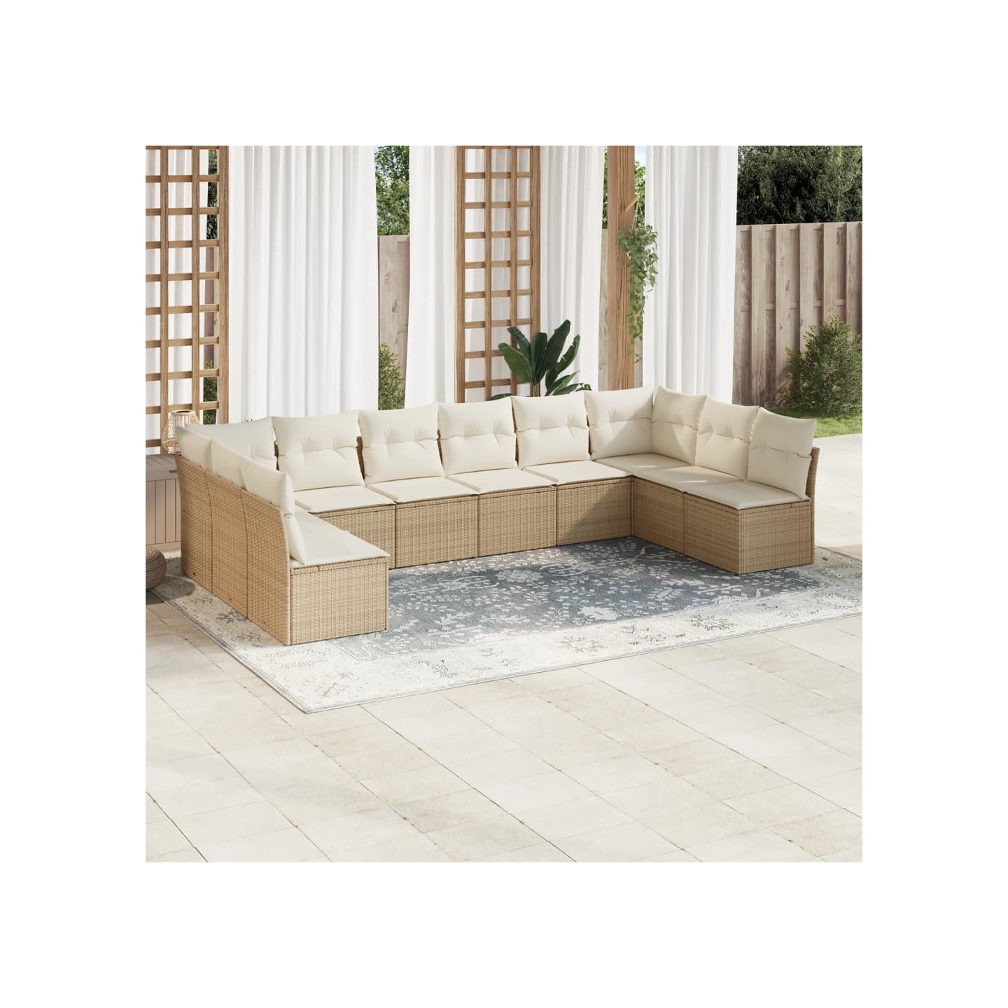 Salon de jardin avec coussins 10 pcs beige résine tressée