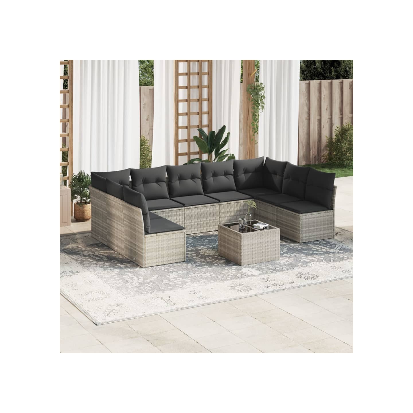 Salon de jardin avec coussins 10 pcs gris clair résine tressée