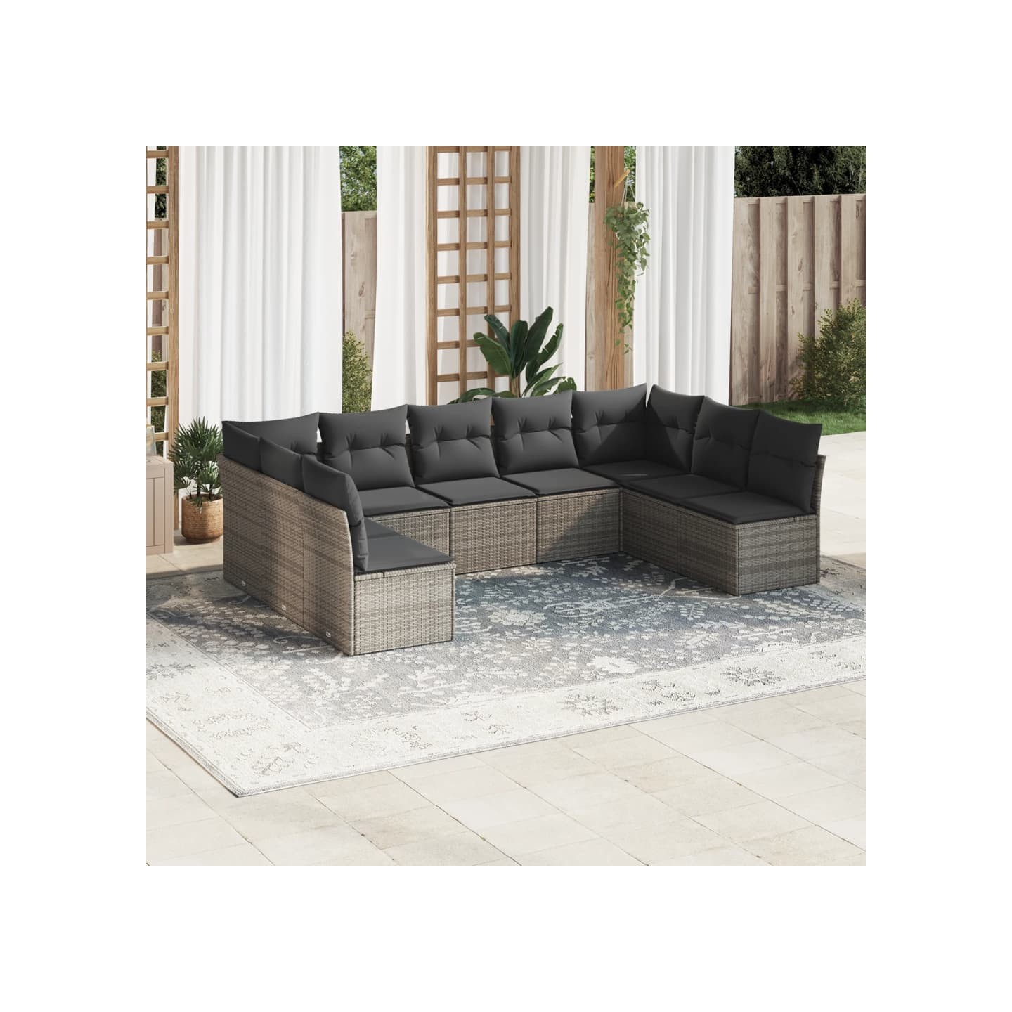 Salon de jardin 9 pcs avec coussins gris résine tressée