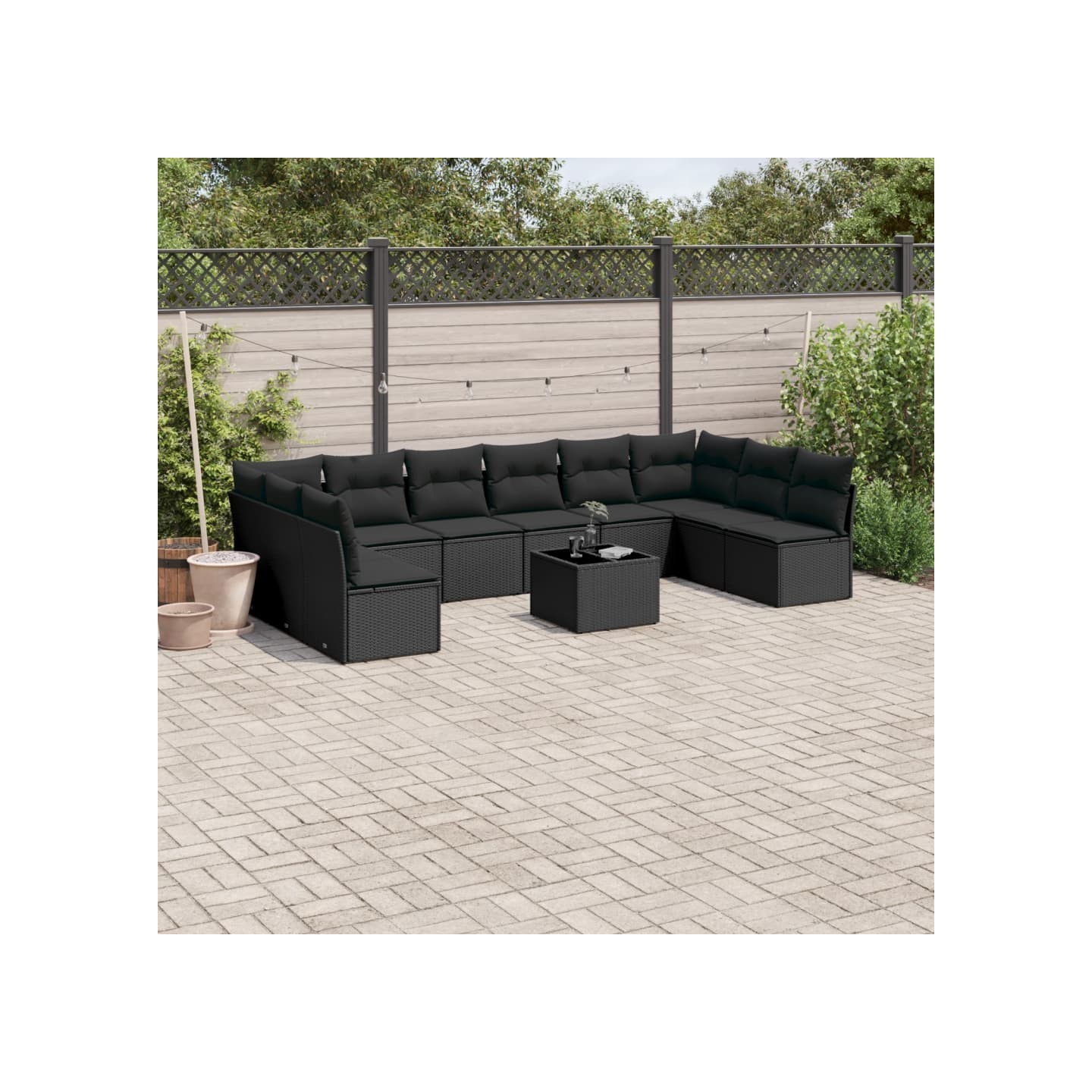 Salon de jardin 11 pcs avec coussins noir résine tressée