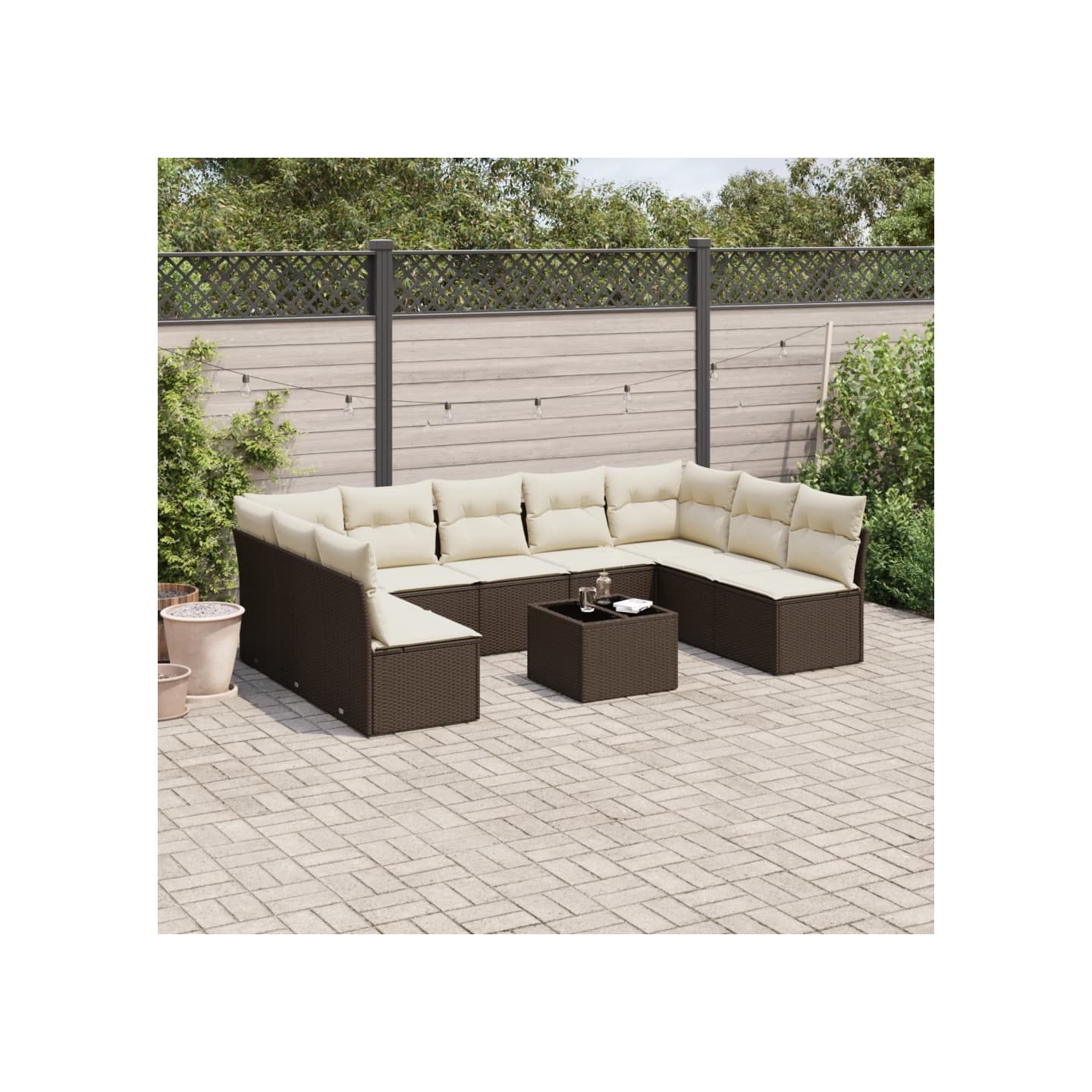 Salon de jardin 10 pcs avec coussins marron résine tressée