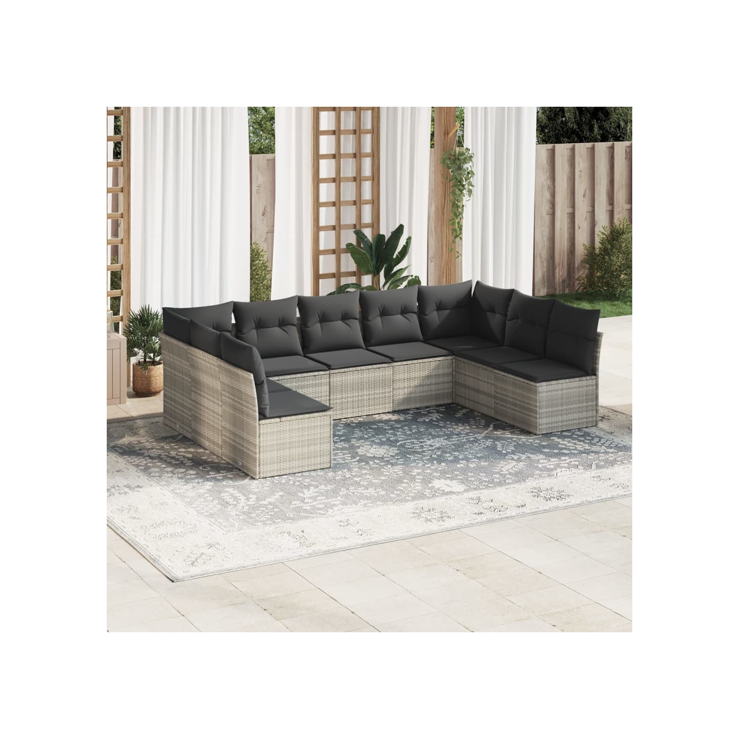 Salon de jardin 9 pcs avec coussins gris clair résine tressée