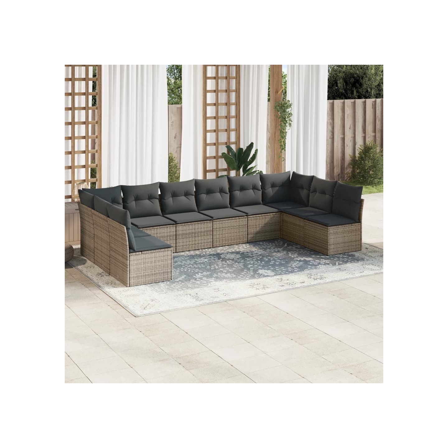Salon de jardin avec coussins 10 pcs gris résine tressée