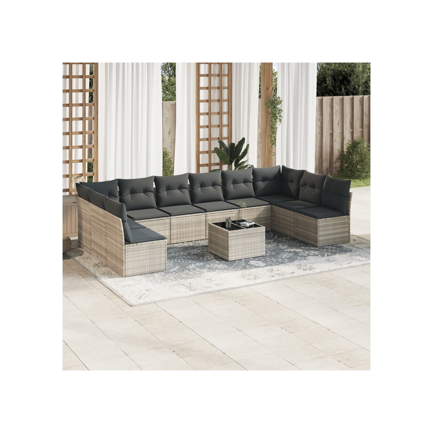 Salon de jardin 11 pcs avec coussins gris clair résine tressée