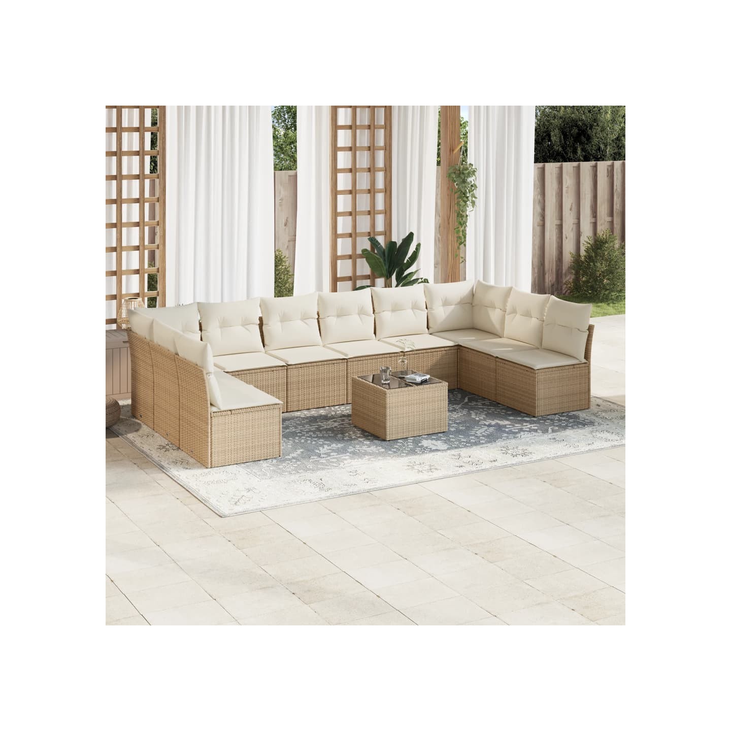 Salon de jardin 11 pcs avec coussins beige résine tressée