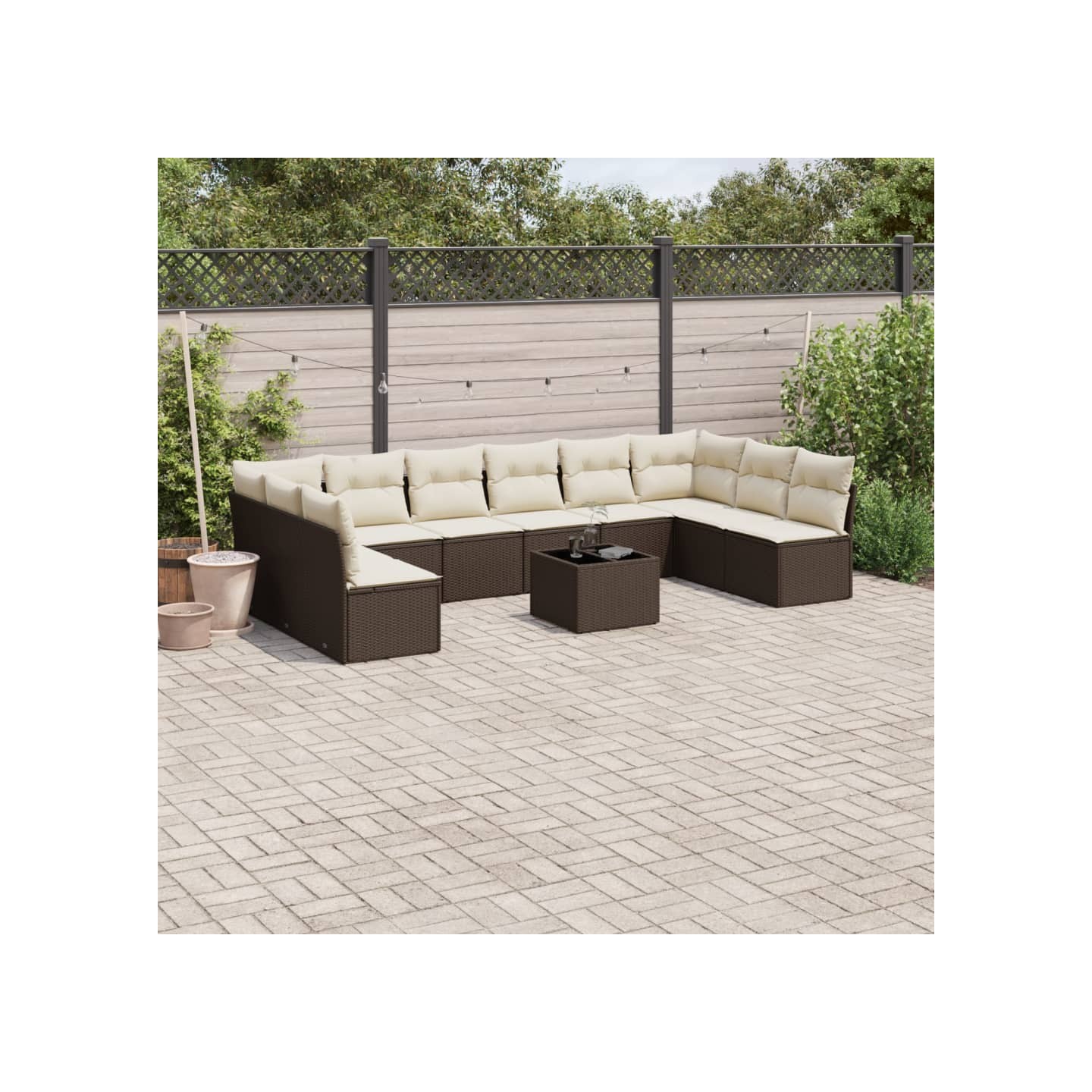 Salon de jardin et coussins 11 pcs marron résine tressée