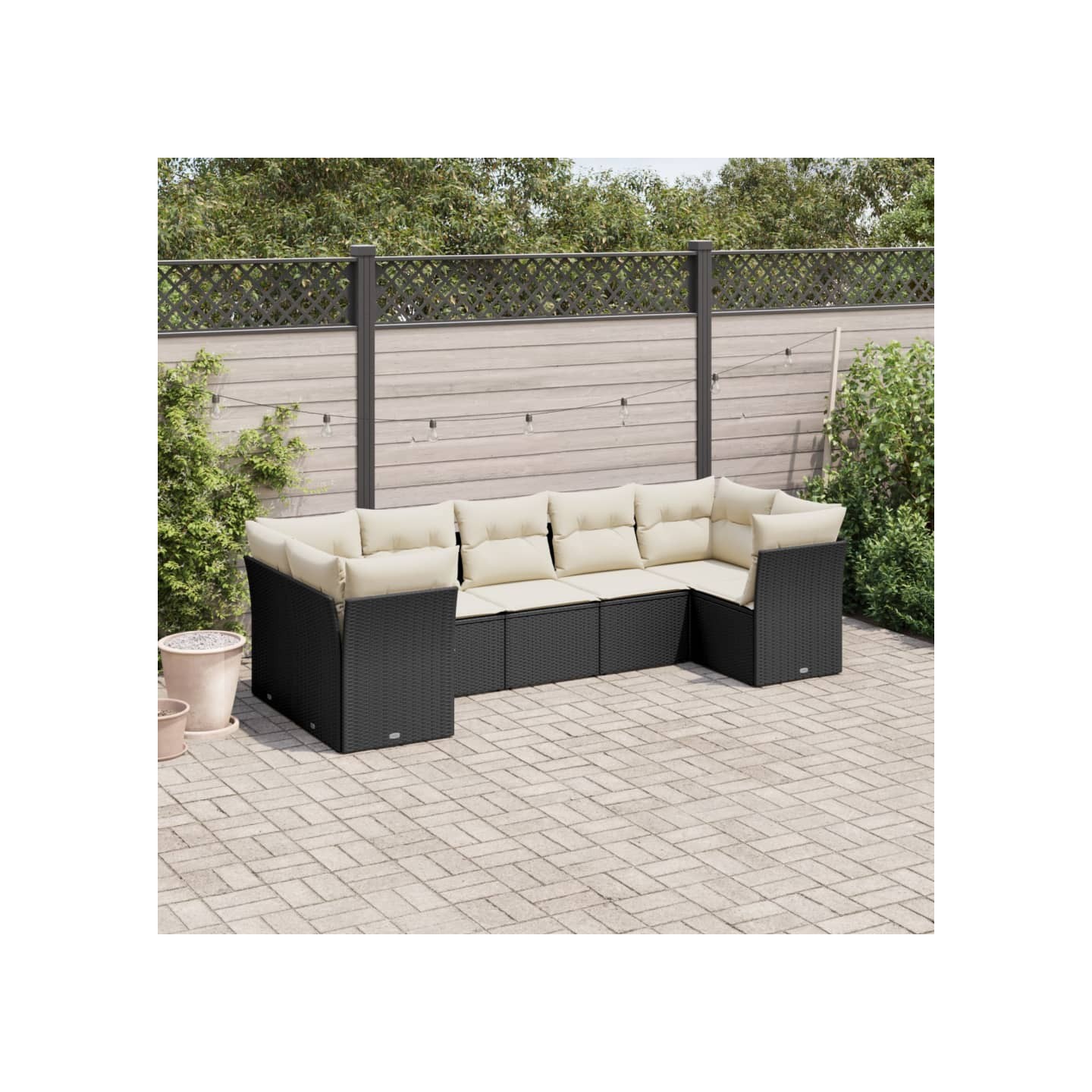 Salon de jardin 7 pcs avec coussins noir résine tressée