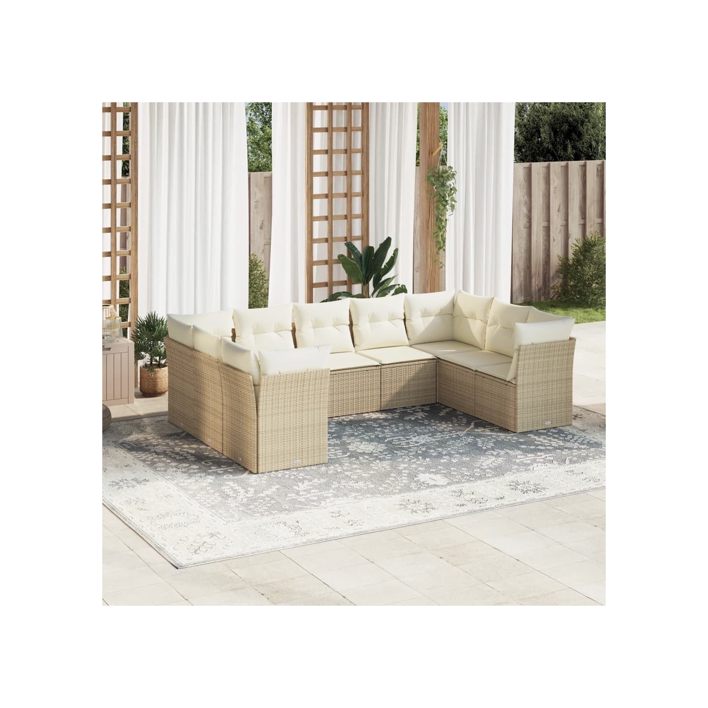 Salon de jardin avec coussins 9 pcs beige résine tressée