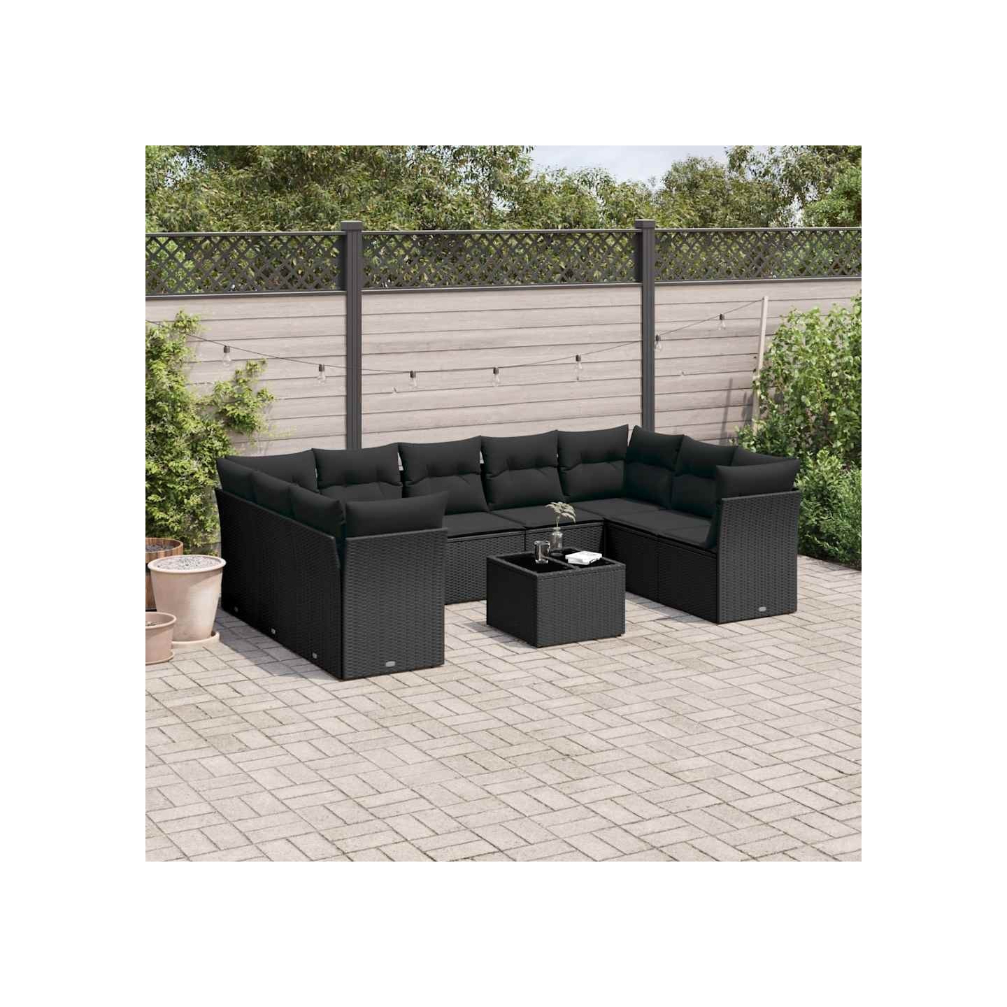 Salon de jardin 10 pcs avec coussins noir résine tressée