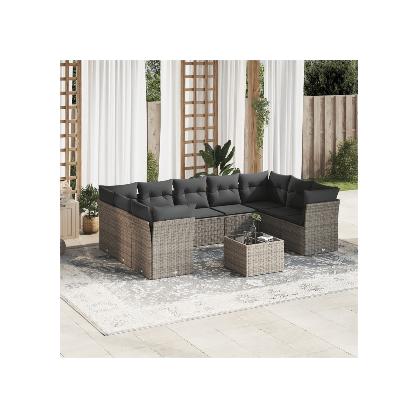 Salon de jardin avec coussins 10 pcs gris résine tressée