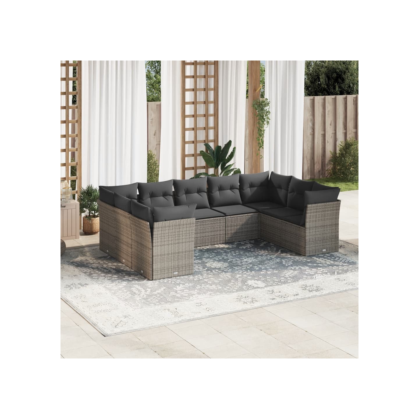 Salon de jardin 9 pcs avec coussins gris résine tressée