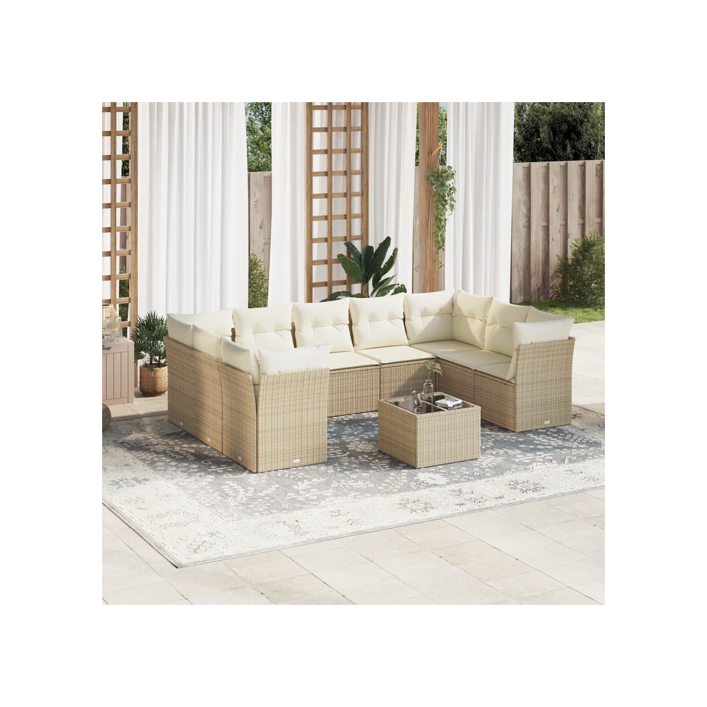 Salon de jardin avec coussins 10 pcs beige résine tressée