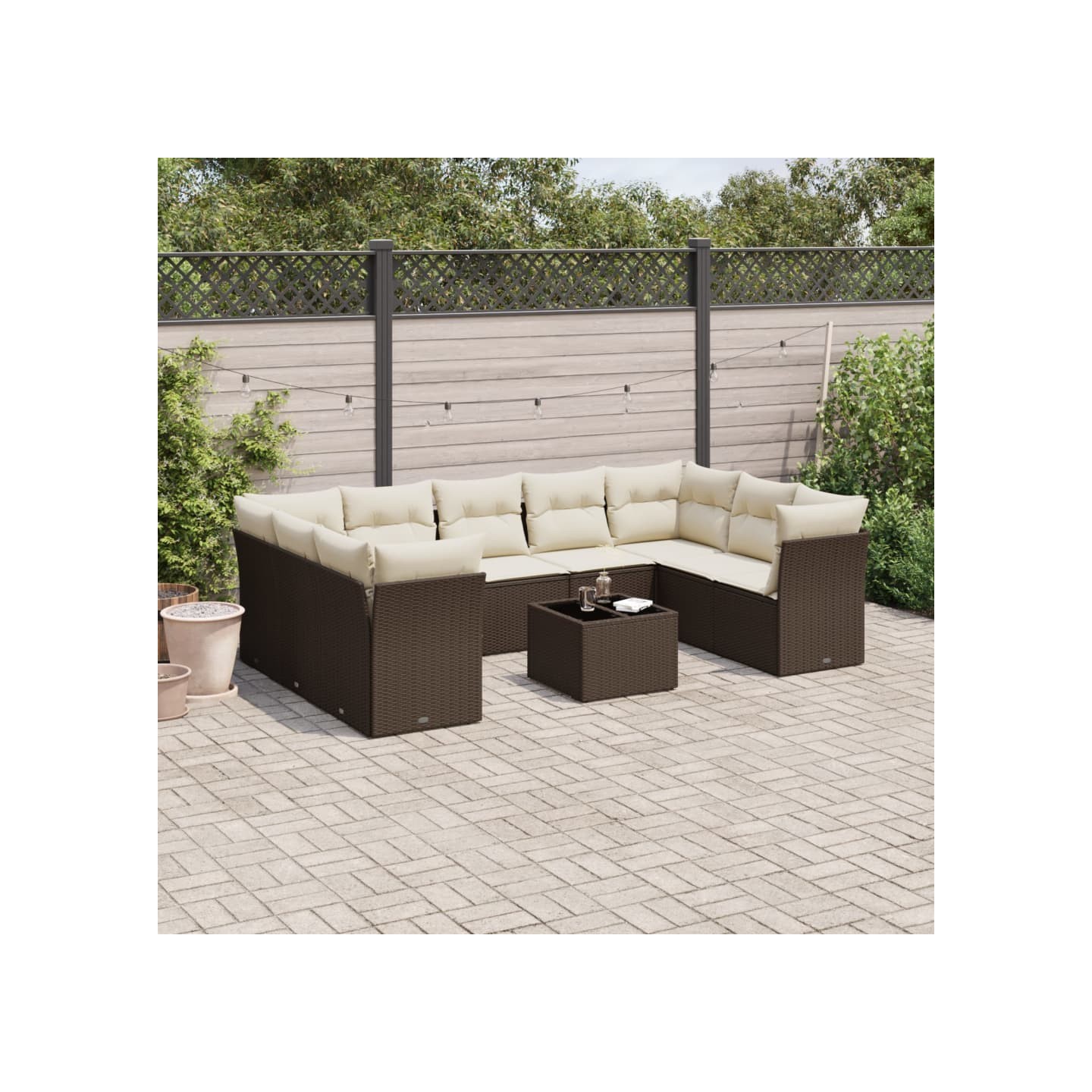 Salon de jardin 10 pcs avec coussins marron résine tressée