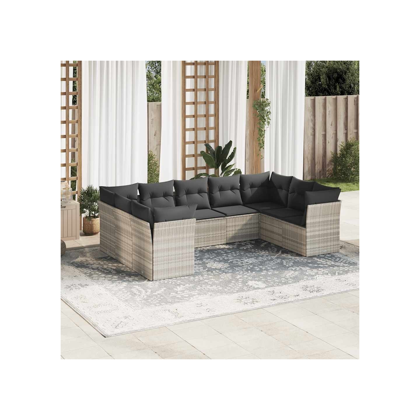 Salon de jardin 9 pcs avec coussins gris clair résine tressée