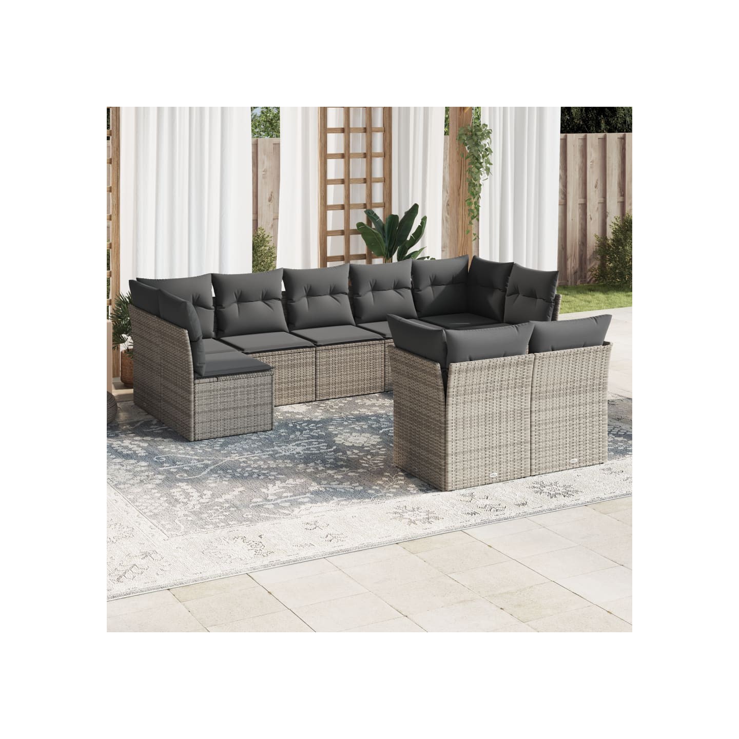 Salon de jardin 9 pcs avec coussins gris résine tressée