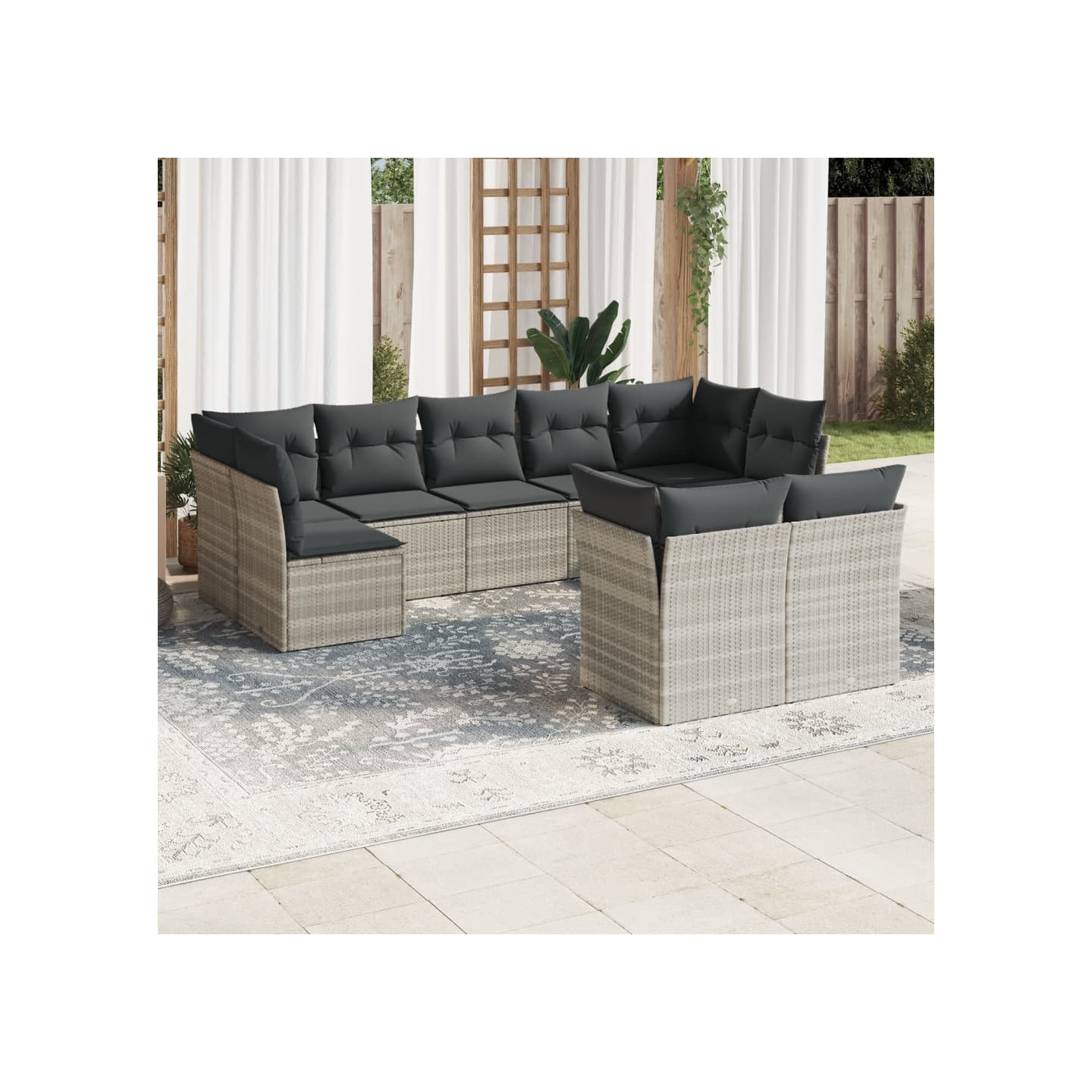 Salon de jardin 9 pcs avec coussins gris clair résine tressée