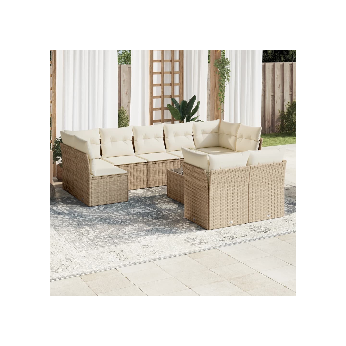 Salon de jardin avec coussins 10 pcs beige résine tressée