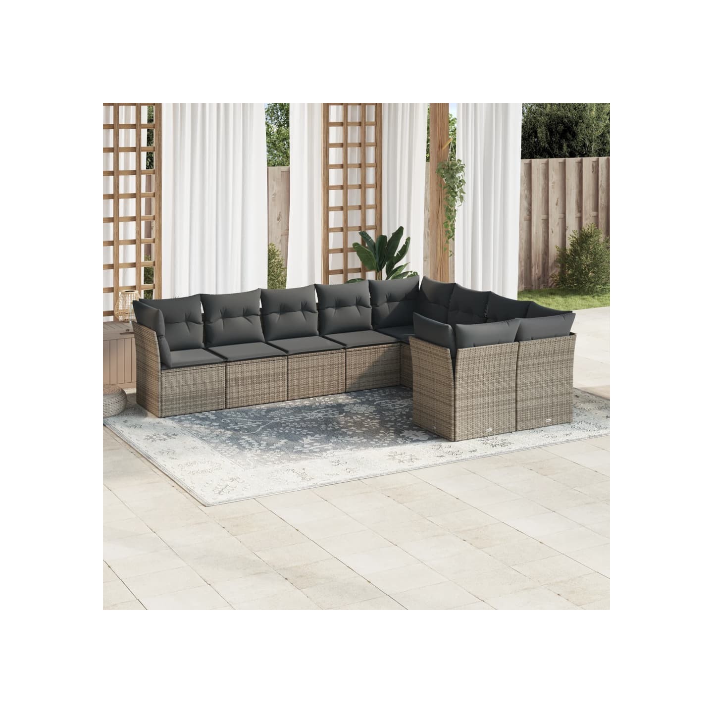 Salon de jardin 9 pcs avec coussins gris résine tressée