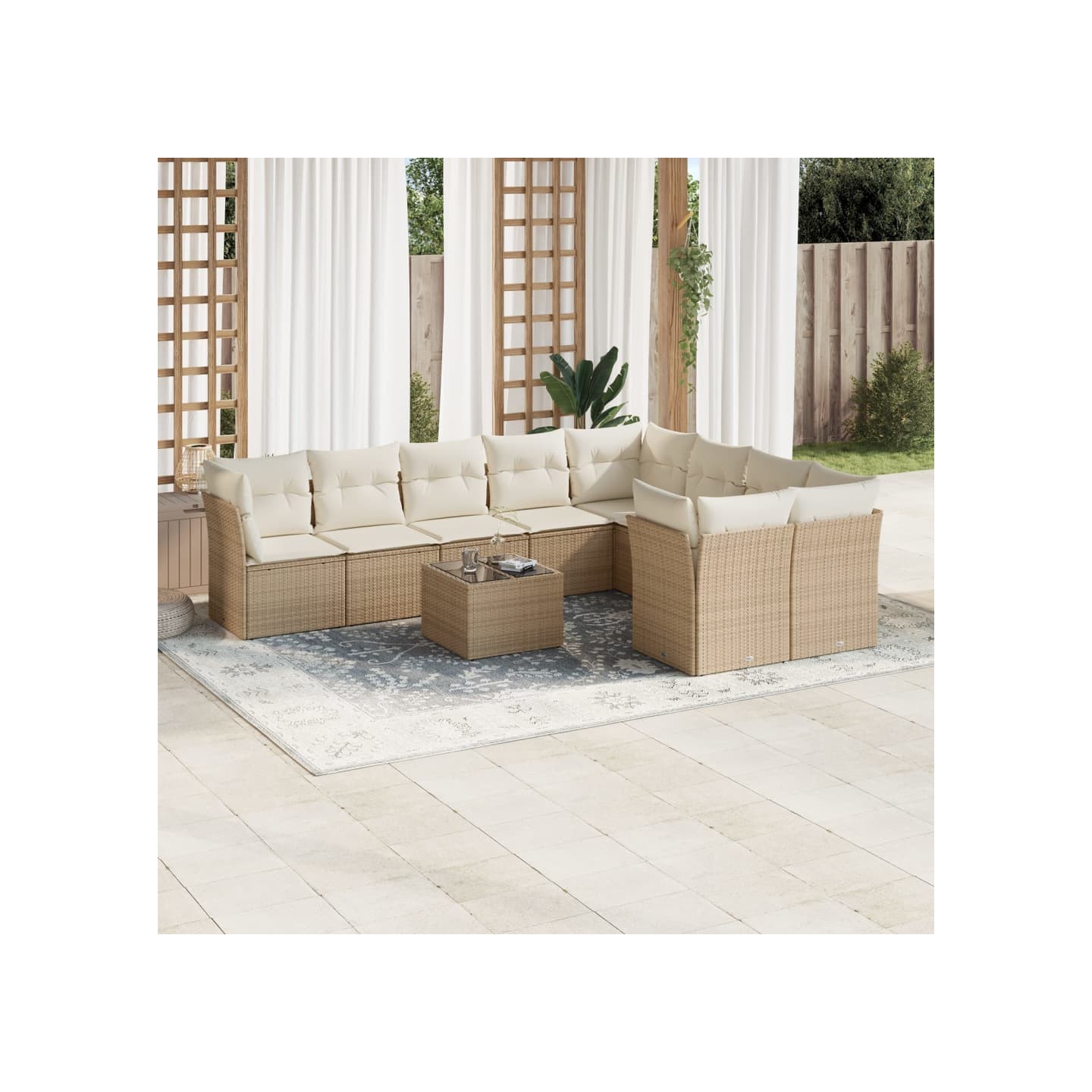 Salon de jardin avec coussins 10 pcs beige résine tressée