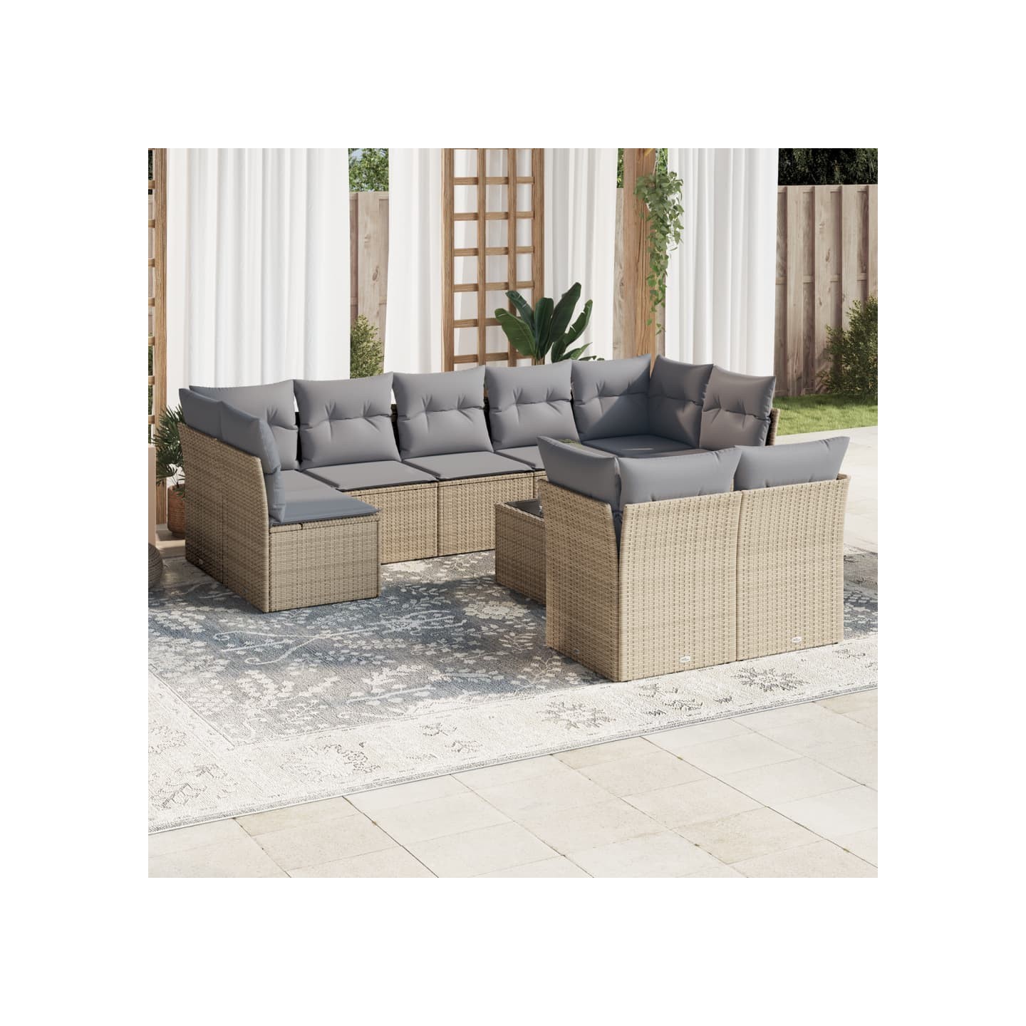 Salon de jardin avec coussins 10 pcs beige résine tressée