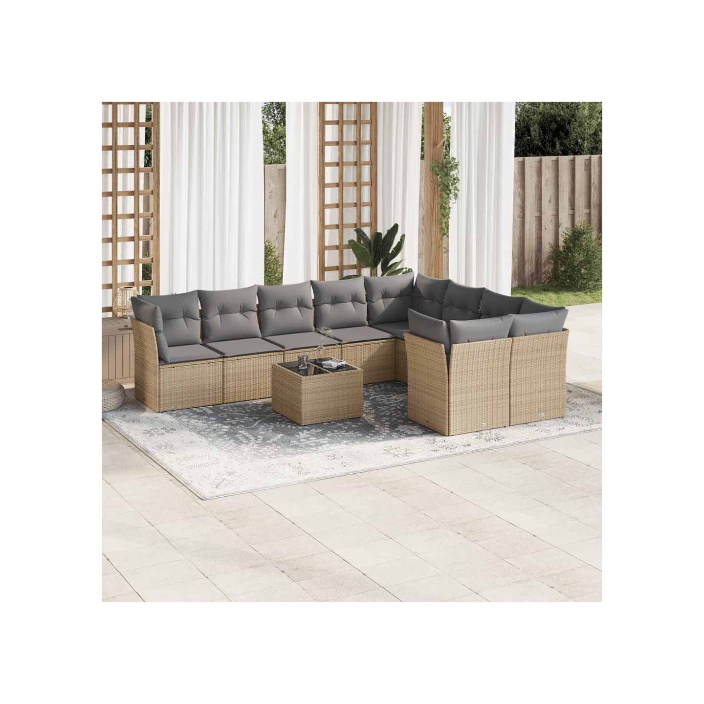 Salon de jardin avec coussins 10 pcs beige résine tressée