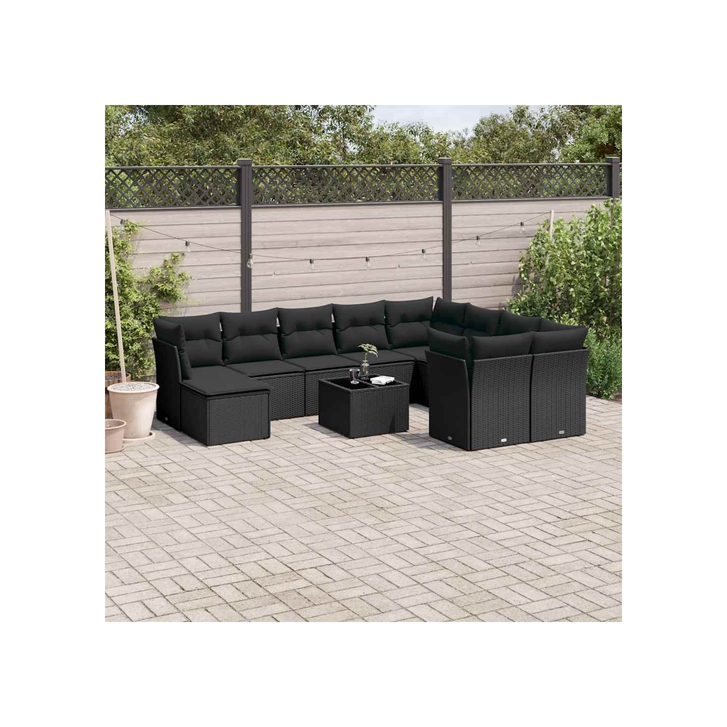 Salon de jardin 10 pcs avec coussins noir résine tressée