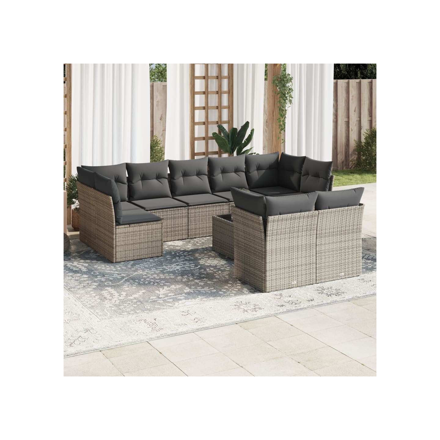 Salon de jardin avec coussins 10 pcs gris résine tressée