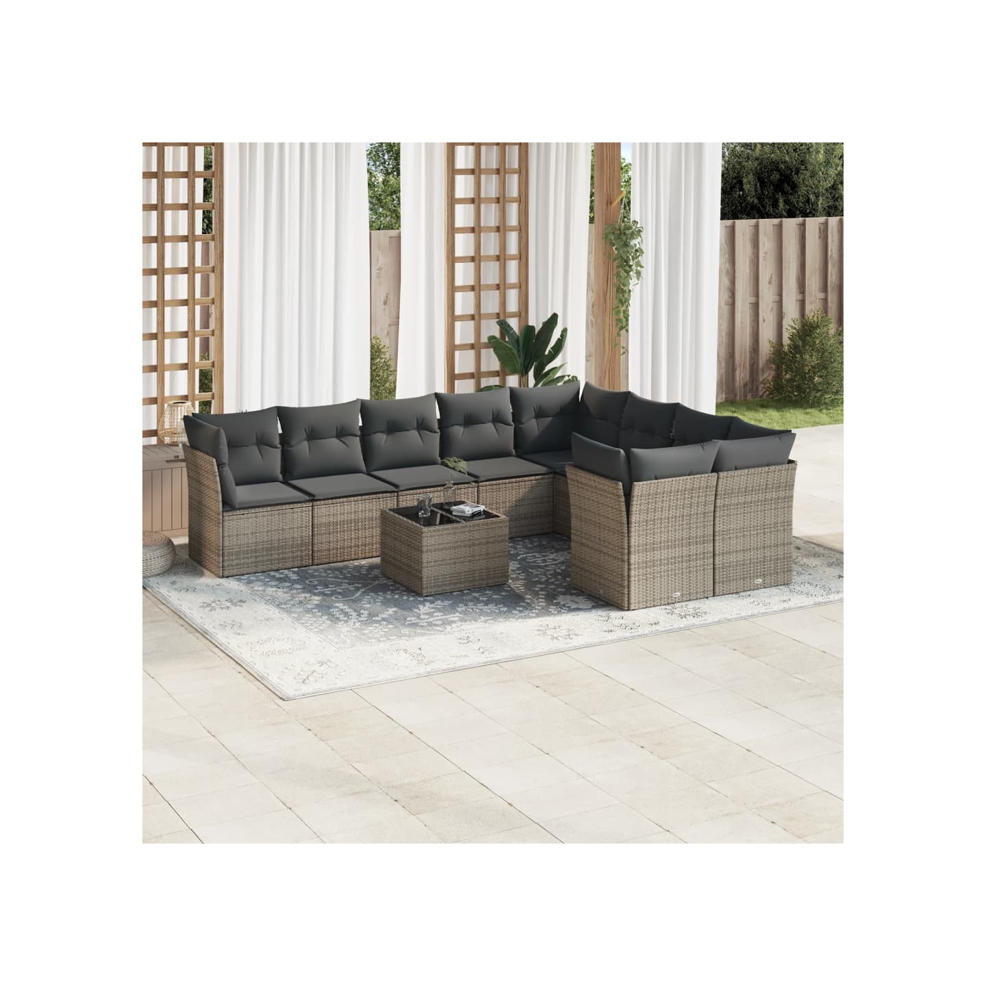 Salon de jardin avec coussins 10 pcs gris résine tressée