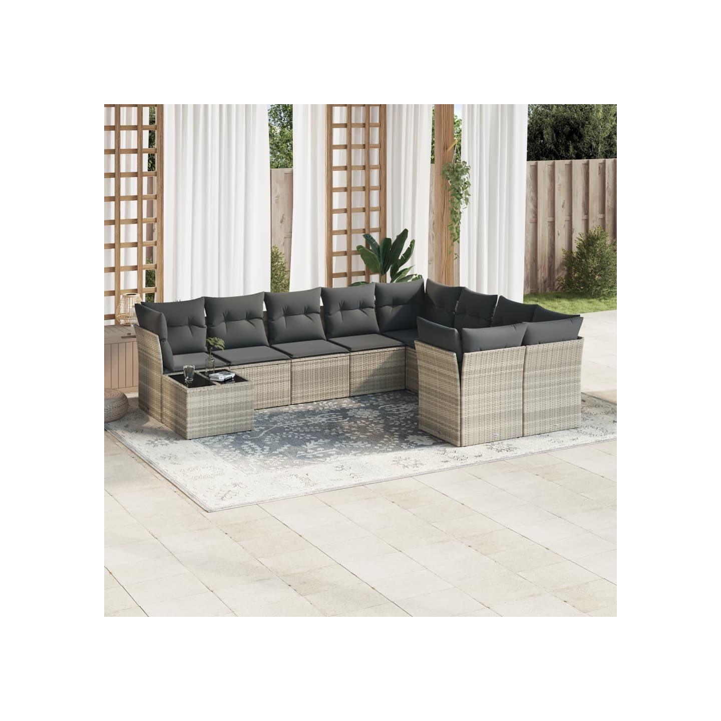 Salon de jardin avec coussins 10 pcs gris clair résine tressée
