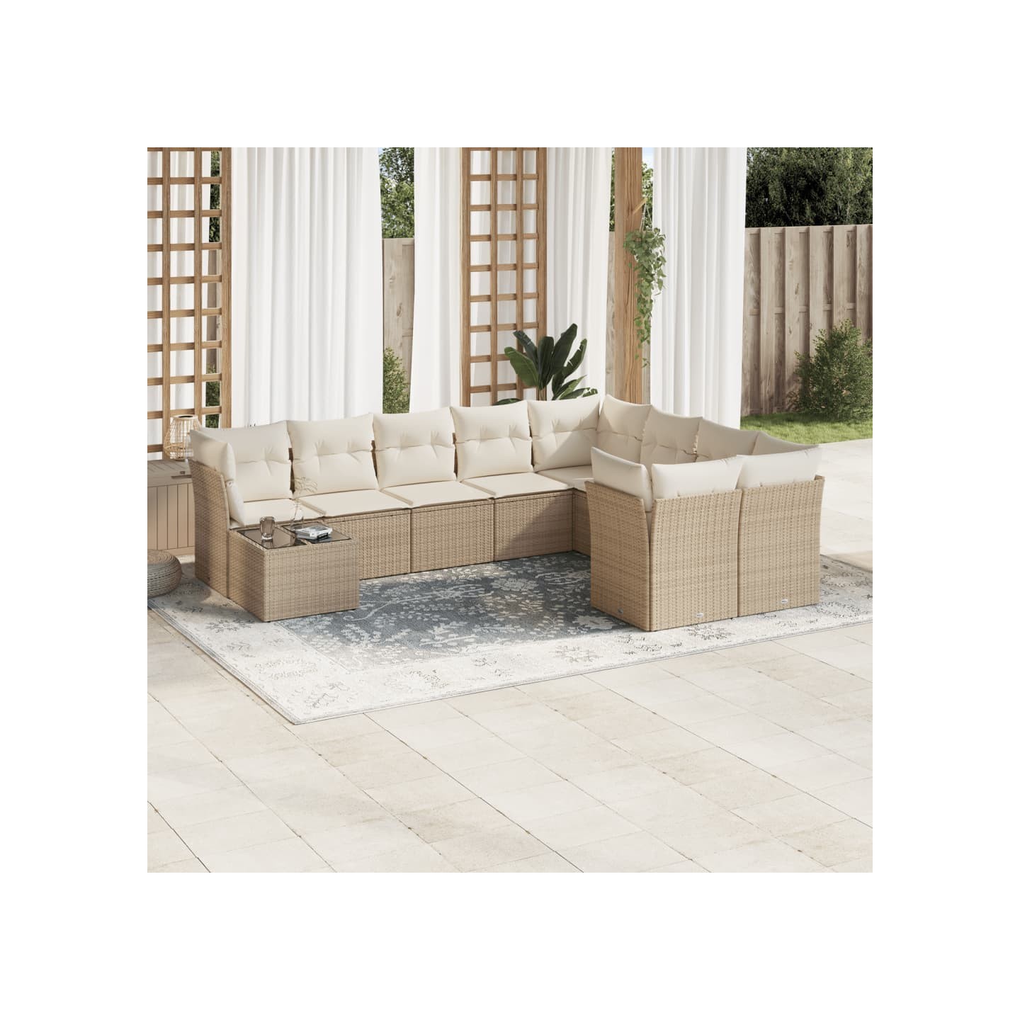 Salon de jardin avec coussins 10 pcs beige résine tressée