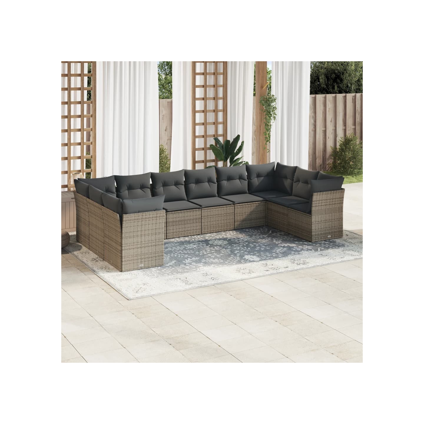 Salon de jardin avec coussins 10 pcs gris résine tressée