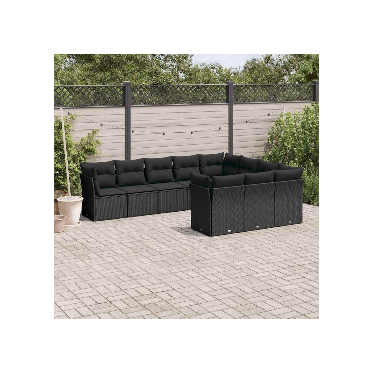 Salon de jardin 10 pcs avec coussins noir résine tressée