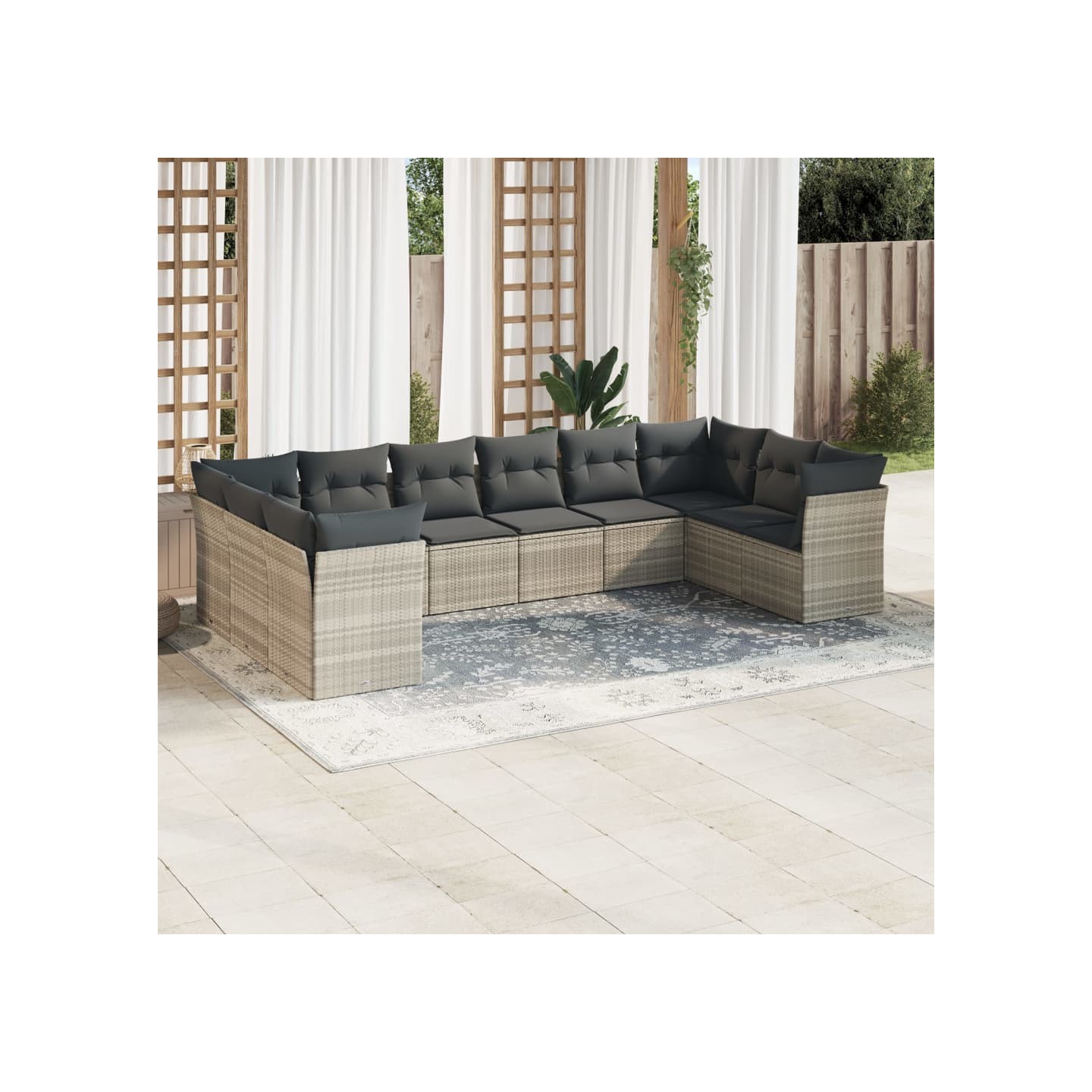 Salon de jardin avec coussins 10 pcs gris clair résine tressée